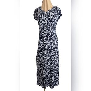 Coldwater Creek Navy & White Floral Midi Dress Size 14 Button Front Cottagecore